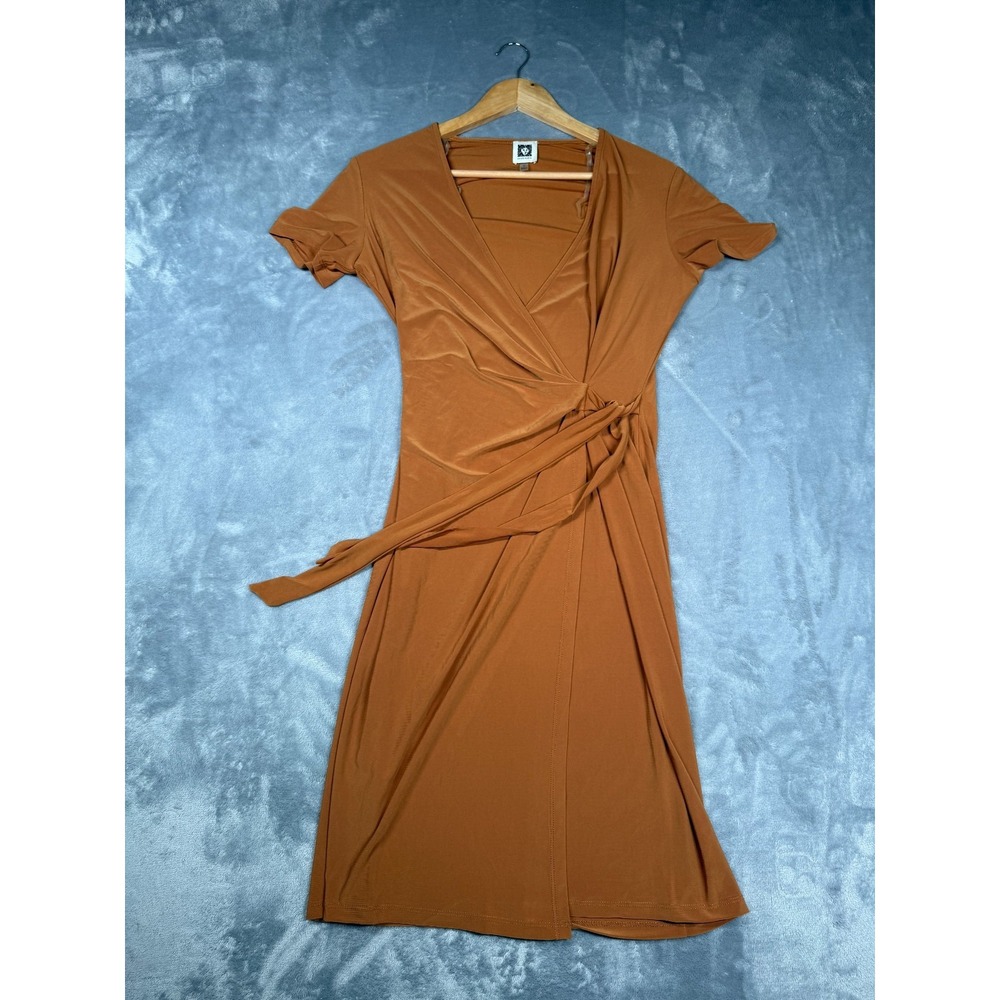 Anne Klein Faux Wrap Dress Womens 6 Tobacco Brown Stretch Side Tie Waist V-Neck